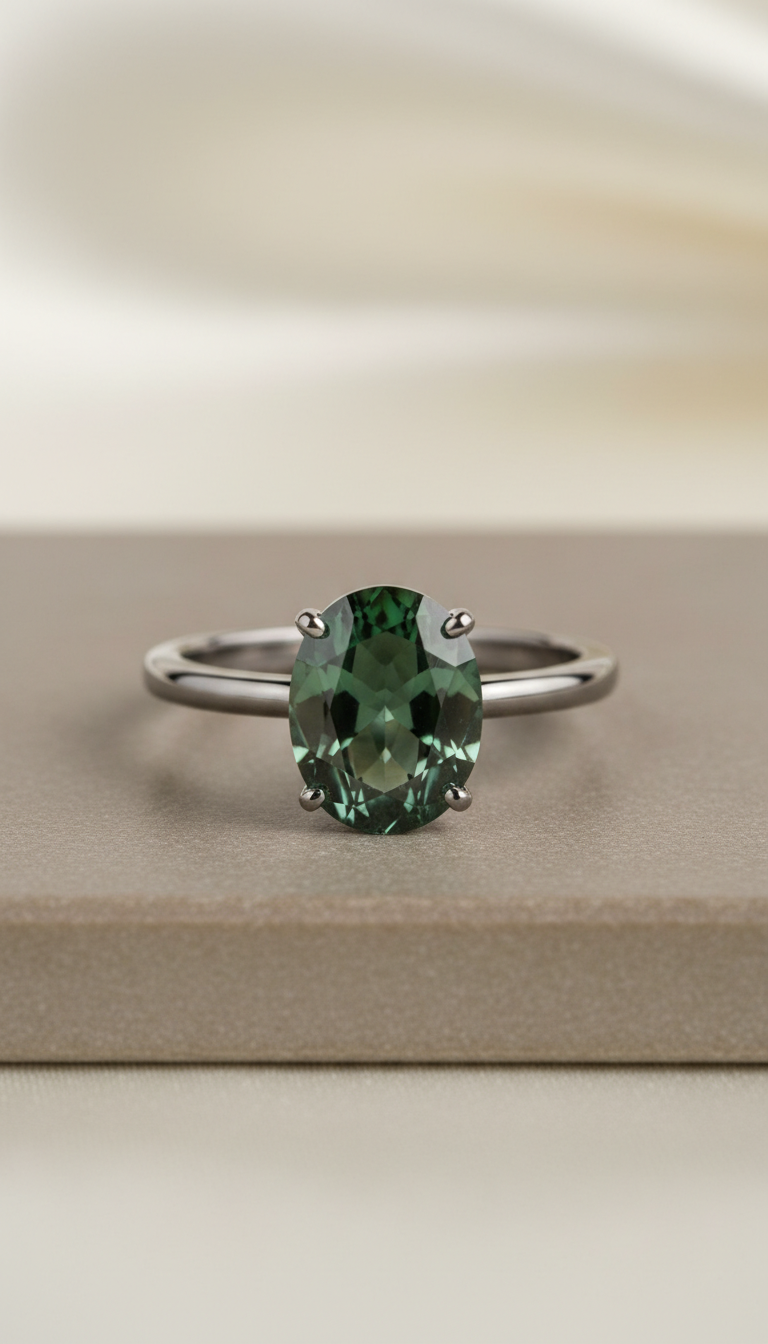Pine-Green Sapphire Solitaire Ring
