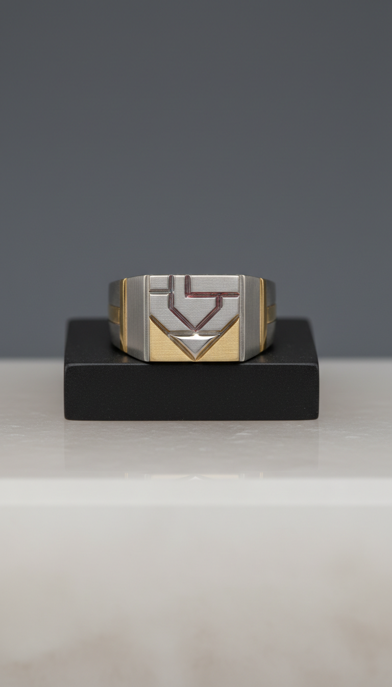 Geometric signet ring in platinum and 18k gold