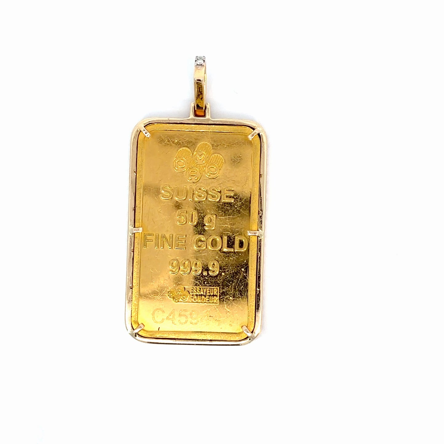 18K Yellow Gold Natural Diamond Pendant with 50 g PAMP Bar — 1.98 CTW