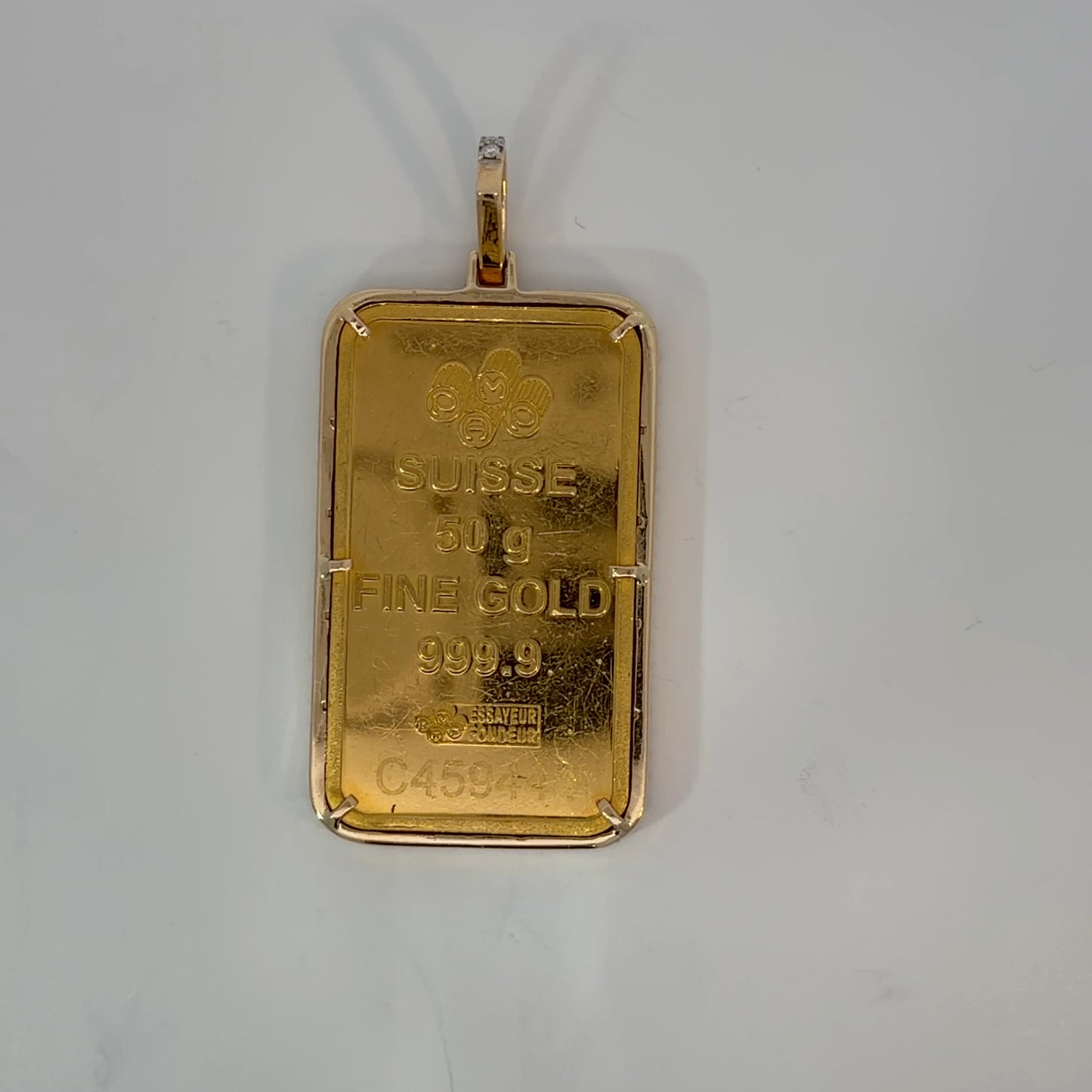 18K Yellow Gold Natural Diamond Pendant with 50 g PAMP Bar — 1.98 CTW