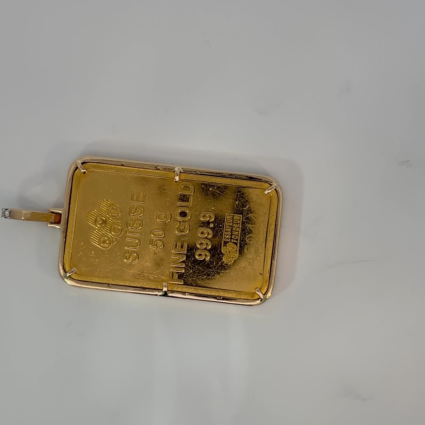 18K Yellow Gold Natural Diamond Pendant with 50 g PAMP Bar — 1.98 CTW